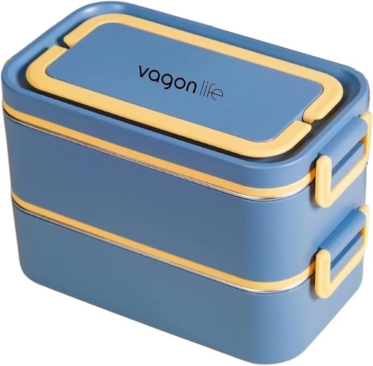 Vagonlife Bento 2000ml Lunchbox 2 Katlı 3 Bölmeli Mini Kaseli Çelik Sefer Tası Yemek Kutusu (Lacivert-Sarı)