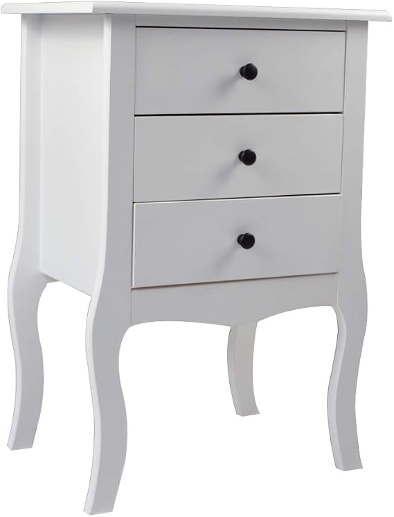 Bedside Cabinet with 3 Drawers, White Nightstand with Knobs for Bedroom