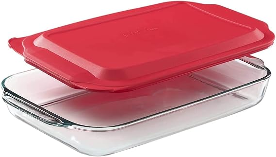 3L Borosilicate Bakeware Set: inc Glass Roaster 39cm (L) x 23.5cm (W) x 5cm (H) with Clip Lid & Chrome Stand.