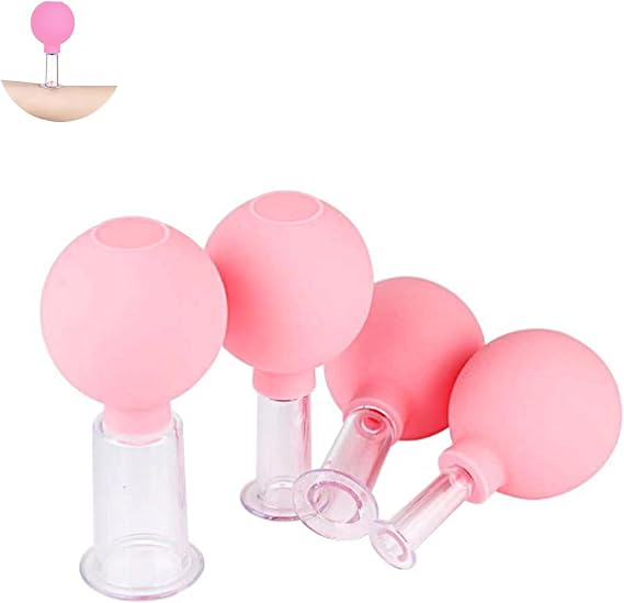 Facial Cupping Set, 4 Pieces Facial Massage Suction Cup, Plastic Physiotherapy Cupping with Silicone Ball, Suitable for Firm Skin, Wrinkle Reduction, Detoxification, Stimulating Lymphatic Flow (Pink)