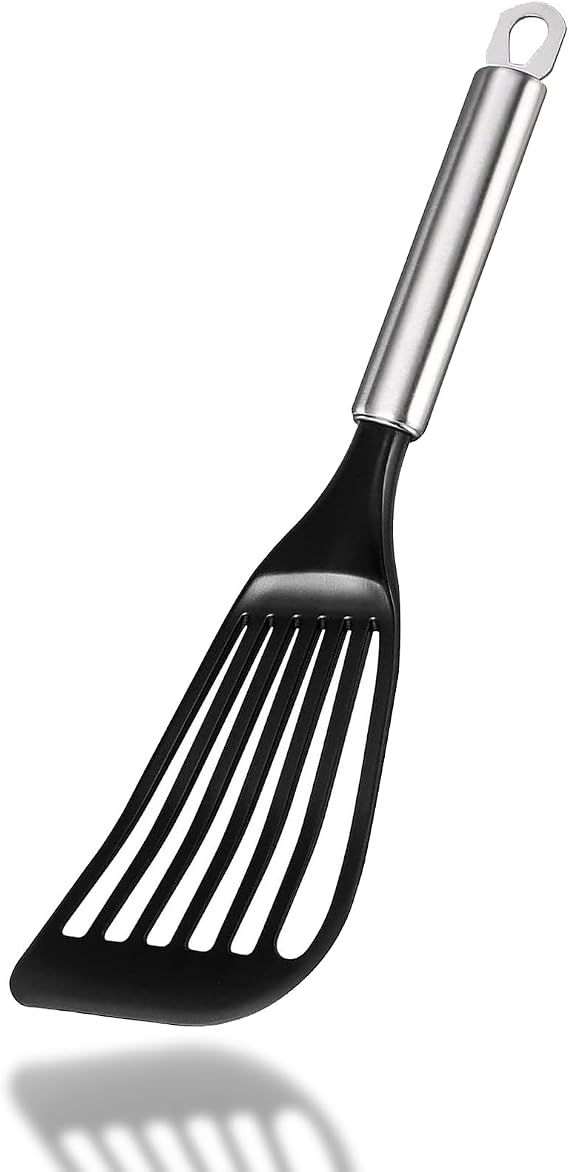 Cooking Fish Spatula,Nylon Square Slotted Egg Spatula Turner with Stainless Steel Handle,Thin Egg Flipper Utensils for Nonstick Cookware,Black