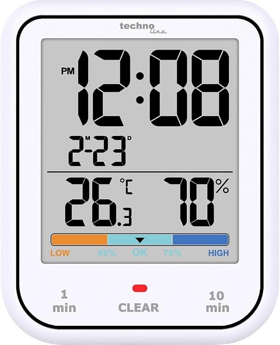 Technoline WT380 Digital Bathroom Clock with Hygrometer and Thermometer Waterproof Shower Timer Countdown Function Large LCD Display with Date Display White