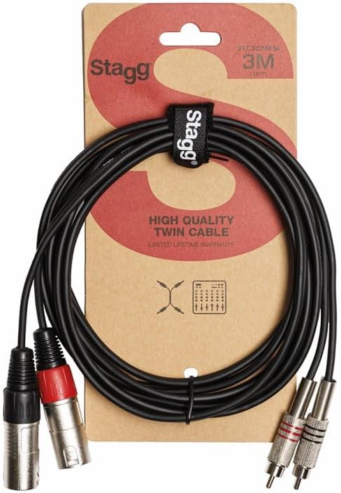 Stagg STC3CMXM S Series Twin RCA Male to Twin XLR Male Cable, Black, 3m
