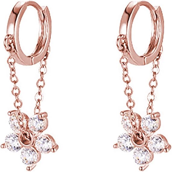 Reffeer 925 Sterling Silver CZ Flower Drop Earrings Chain for Women Flower Hoop Earrings Huggie