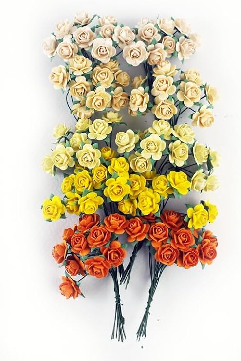 100 pcs Tiny Artificial Roses Mixed Orange Yellow Shade Five Color Mulberry Paper Flower 15-18 mm Flower Wedding Scrapbooking