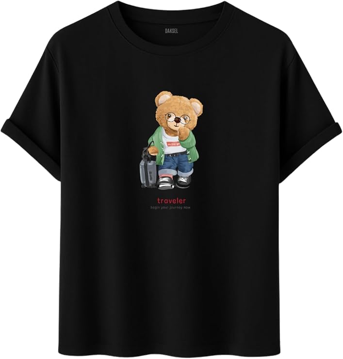 DAKSEL Ayıcık Baskılı Traveler Oversize Pamuklu Unisex Tişört, Grafik Baskılı, 10+ Renk Seçeneği