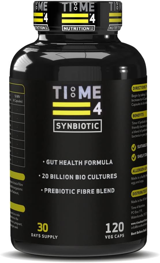 Time 4 Synbiotic – Advanced Vegan Friendly Prebiotics & Probiotic Supplement, Prebiotic Fibre Blend, Friendly Bacteria, 20 Billion CFU, Lactobacillus, Gut Health Supplements 120 Capsules 30 Day Supply