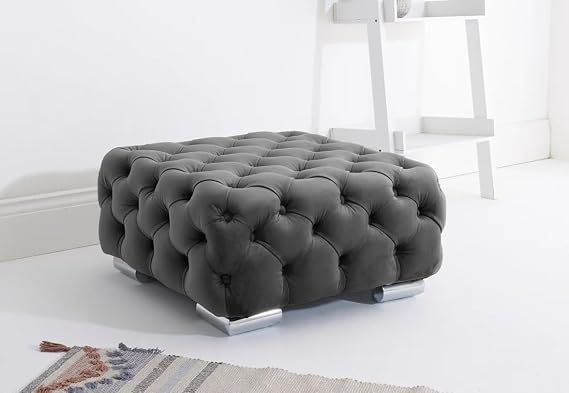 Sofahub Milano Grey Plush Velvet Sofa Set – Diamond Button Tufted Couch with Extra Cushions, Chrome Feet & Foam Seats | 2 Seater, 3 Seater, 3+2, Armchair, Corner & Footstool Options (Grey, Foot Stool)