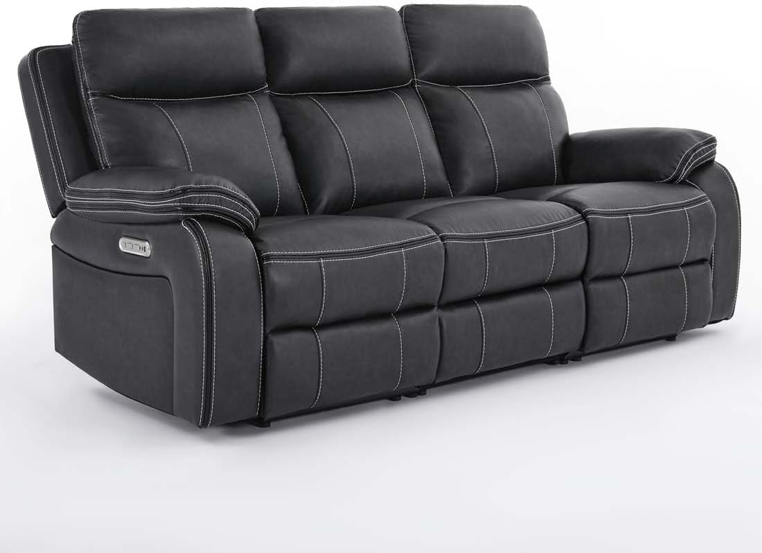 VINSON ELECTRIC RECLINER 123 SEATER SOFA AIR LEATHER WITH SPEAKERS & USB-C CHARGING Charcoal, 3 Seater