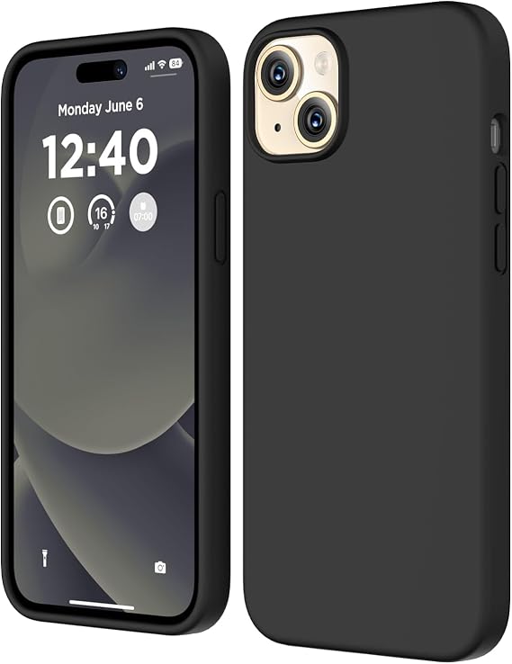 URUCHI iPhone 15 ile Uyumlu Kılıf, İçi Kadife Kaplamalı İnce Sıvı Silikon Tam Koruma Yumuşak Jel Silikon Kapak, Siyah