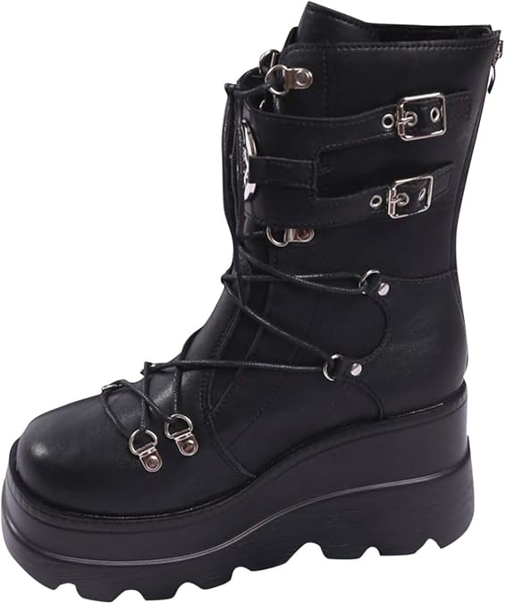 Women Black Platform Goth Boots Knee High Chunky Heel Gothic Boot Women Black Combat Motorcycle Booties Round Toe Ankle Boots Side Zip Lace Up with Metal Buckles & Studded Detailing Size 3.5-7.5