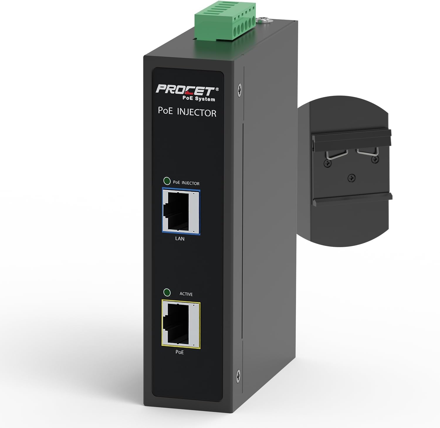 PROCET 10Gbps Gigabit PoE Injector DIN Rail, 60W Industrial Boost PoE Adapter, Wide Temperature -40°F to 155°F, 6KV Surge Protection, 12-55V DC Input, IEEE802.3af802.3at802.3at802.3bt, PT-PSESE. 105GB. E-10.