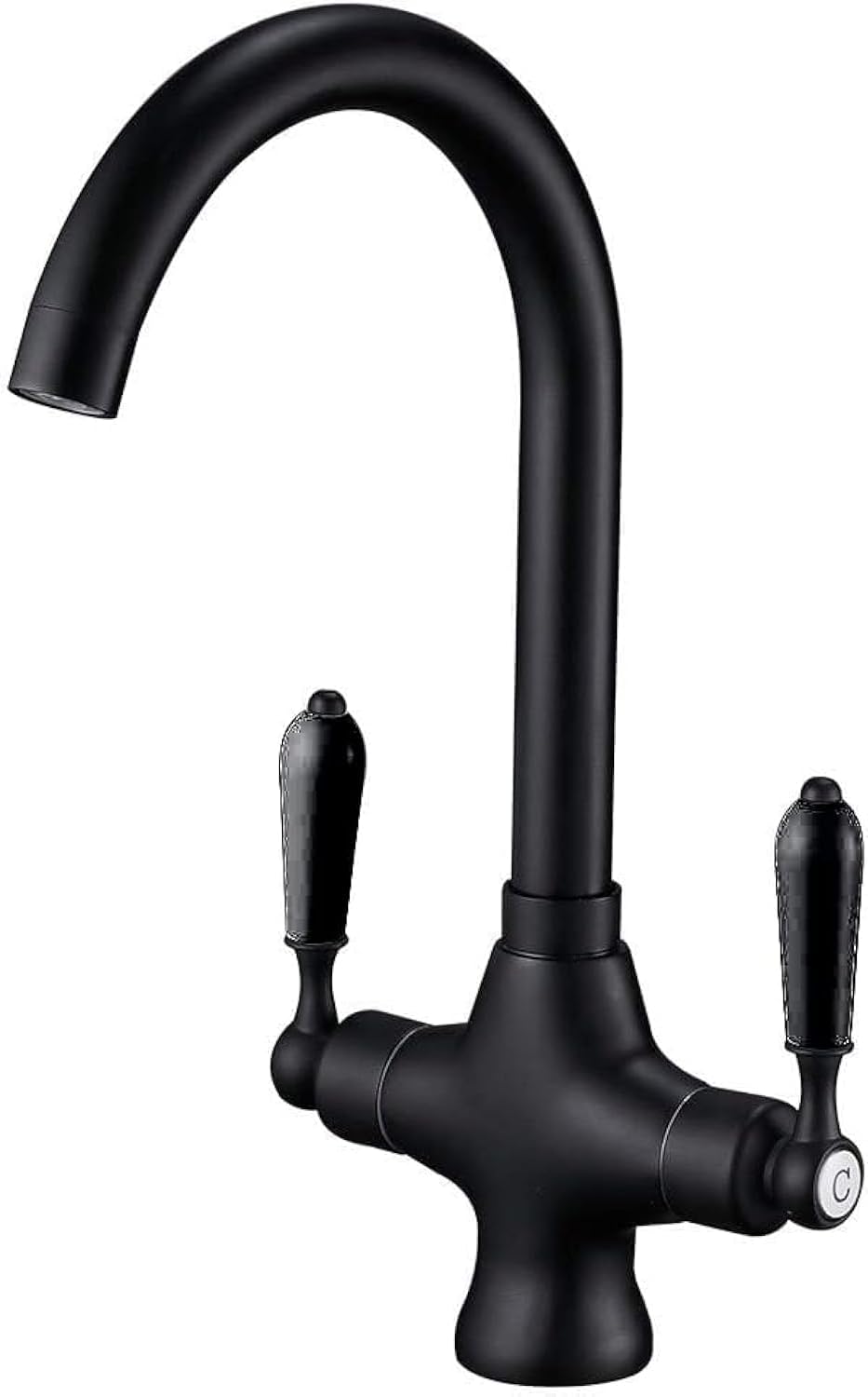 Heable Matte Black Kitchen Mixer Tap Black Ceramic Dual Lever Monobloc Swivel Spout Kitchen Sink Taps with UK Standard Fittings