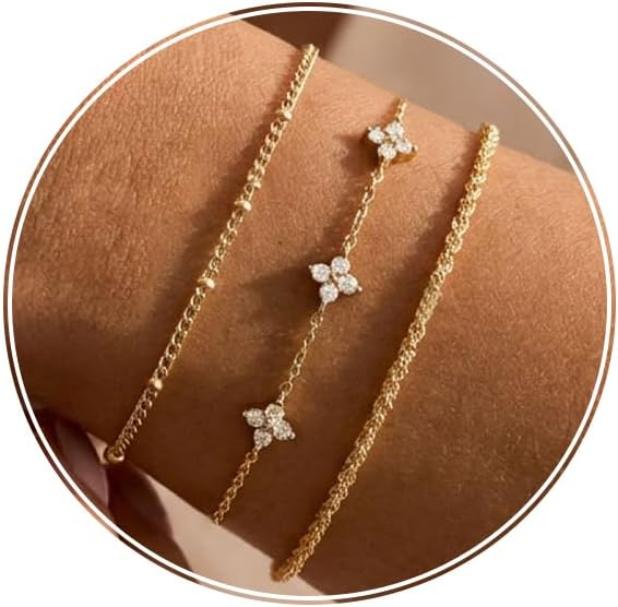 HANLI 3Pcs 14K Gold Plated/Silver Bracelets for Womens Bracelet Set