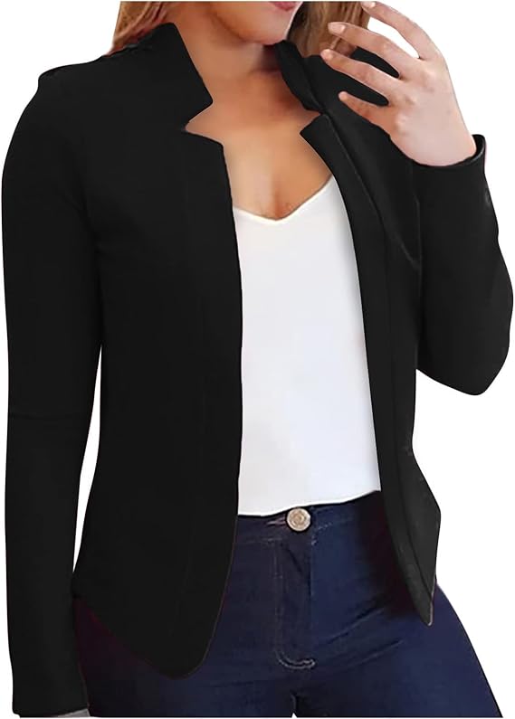 Women Blazer Jacket Casual Lapel Open Front Cardigan Blazer Plain Regular Fit Collarless Suit Jacket Solid Work Business Office Wedding Guests Suit Jacket Ladies UK Size 8-16
