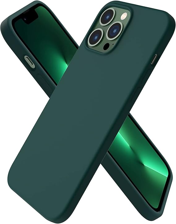 URUCHI iPhone 13 Pro Max ile Uyumlu Kılıf, İçi Kadife Kaplamalı İnce Sıvı Silikon Tam Koruma Yumuşak Jel Silikon Kapak, Koyu Yeşil