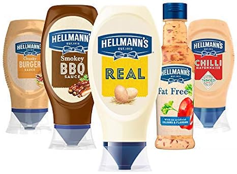 Hellmann's Sauce Variety Pack (1 x Chunky Burger Sauce 250ml, 1 x Tabasco Chilli Mayonnaise 250ml, 1 x Smokey BBQ Sauce 430ml, 1 x Fat Free Salad Dressing 210ml, 1 x Real Squeezy Mayonnaise 430ml)