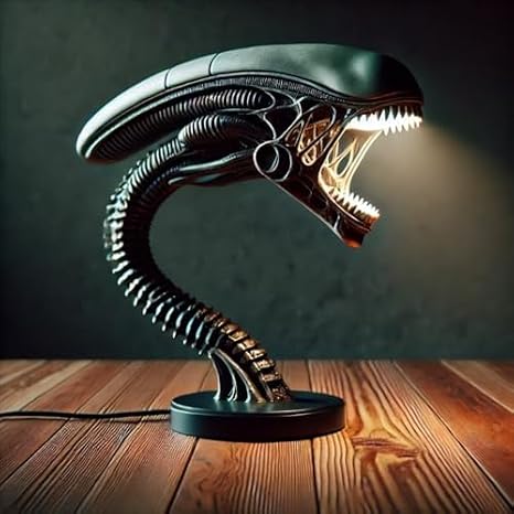 Sci-fi LED Table Lamp Alien 3D Resin Night Light, Black Space Theme Statue Ornaments Bedroom/Office Decoration, Collectible Home Lighting Gift (1) [Energy Class A]