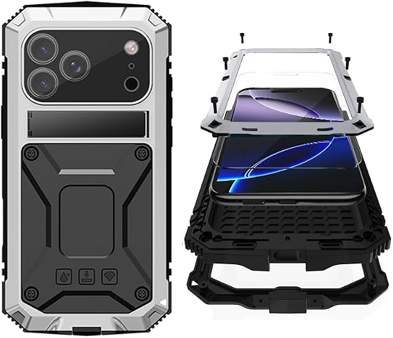 Simicoo iPhone 18 Pro Max用 メタル ミリタリー ヘビーデューティー ケース 耐衝撃 防塵 頑丈 タフな電話ケース スタンド付き スクリーンプロテクター カメラコントロール フルボディドロップ保護カバー シルバー