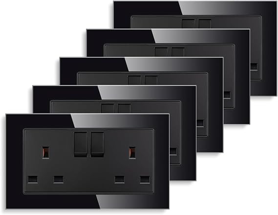 CNBINGO 5-Pack Double Switched Power Socket with Glass Panel, Black