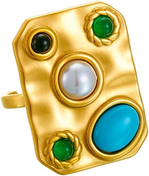 Adjustable Geometric Square Chunky Ring for Women Girls - Gold Plated Stainless Steel Turquoise & Pearl Statement Jewellery, Vintage Boho Open Band Everyday Bold Accessories