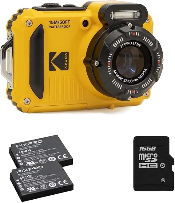 KODAK Pixpro Pack WPZ2 + 2 Batteries + 1 SD Card - Digital Camera Compact 16 m Pixel Waterproof up to 15 m Shockproof Video 720p LCD Screen 2.7 - Li-ion Battery - Yellow