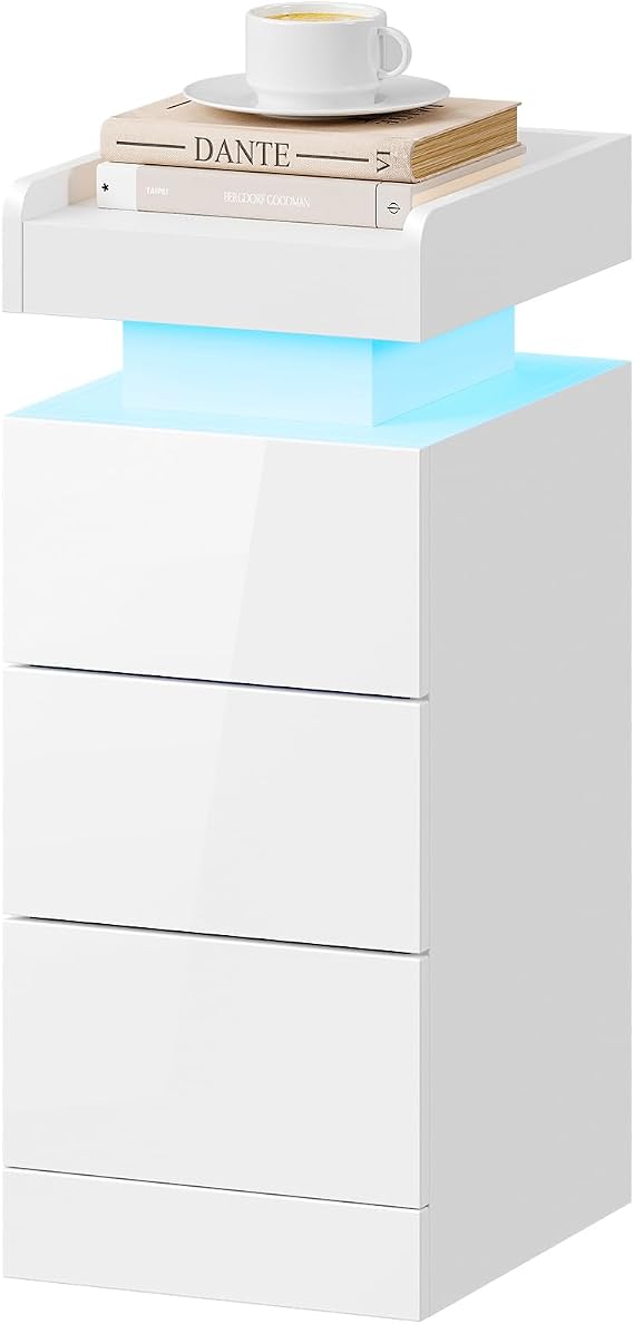 Dripex LED Nightstand with 3 Drawers, High Gloss White Bedside Table