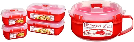 Sistema Heat and Eat Microwave Set | 4 Rectangular Food Containers with Lids (2x 1.25L + 2x 525ml) & Breakfast Bowl | Round Container | 850 ml | Red | 1 Count