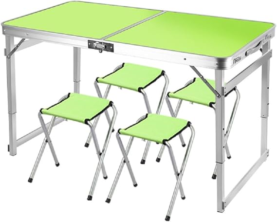 Folding Camping Table with Adjustable Height,(120Cm L X 60Cm W) with 4 Chairs Portable Foldable Picnic Tables for Outdoor Indoor Kitchen Garden, 3 Heights (53Cm/62Cm/70Cm)