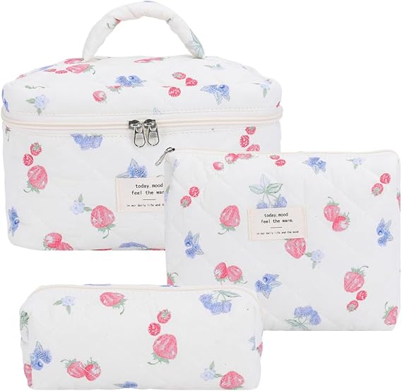 Lushandy 3Pcs Quilted Makeup Bag Set Cute Makeup Bag Large Floral Puffy Cosmetic Bag Coquette Aesthetic Toiletry Bag for Travel, style 1, Cute Makeup Bag Set