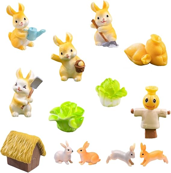 Rabbit Figure Set 13pcs,Easter Bunny Figurines Rabbits Ornaments With Carrots Rabbits Micro Landscape Statue Garten Decoration Easter Birthday Home Party Decorations