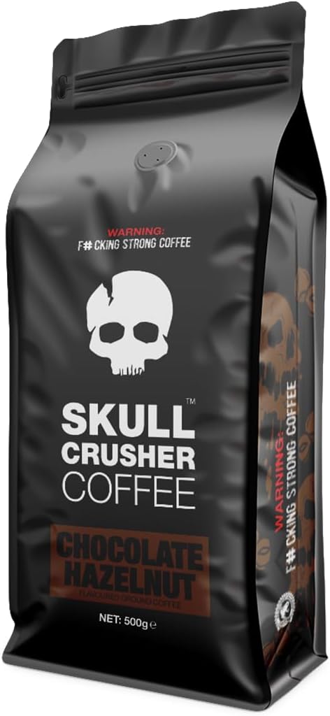 Chocolate Hazelnut Flavoured Skull Crusher Coffee - High Caffeine Ground Coffee 500g - Strong Dark Roast Natural Flavouring