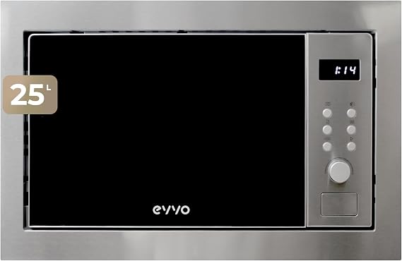 EVVO Mi35 Stainless Steel Integrated Microwave – 25 Litres, Multifunction Microwave Oven, Grill Function, 1000W, Digital Display, Child Lock and 60 Minute Timer, Stainless Steel