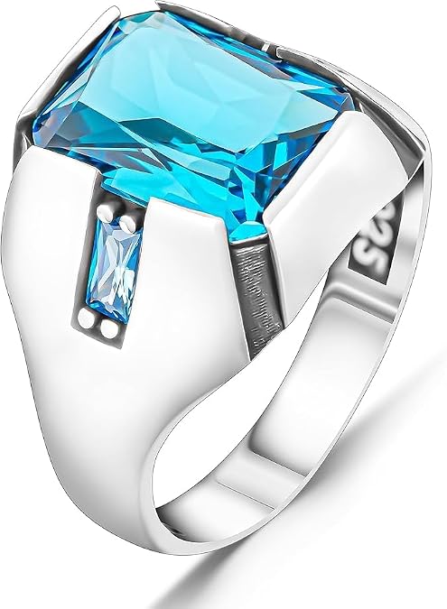 Genuine Solid 925 Sterling Silver Rectangular Aquamarine Gemstone Men's Ring