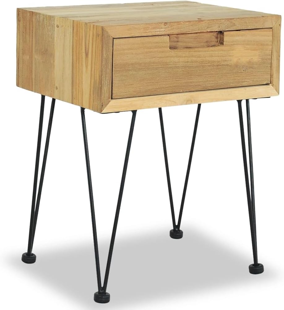 Recycled Solid Teak Bedside Cabinet 40x30x50 cm, 1 Drawer, Rustic Colonial Style, Slim Nightstand for Bedroom, Living Room or Hallway