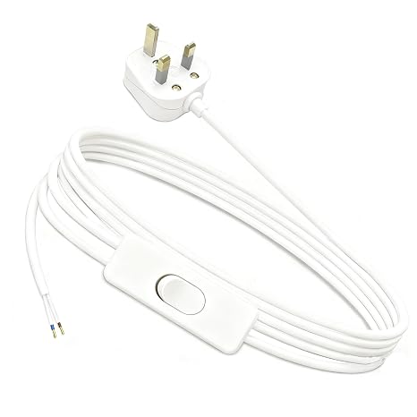 Lamp Switch, 2 Core Table Lamp Pre-Made Cable with Inline Switch 1.8 Meters, 250V 6A Light Switches, UK Plug Light Switches with 5A Fused, Suitable for Desk Lamp, White