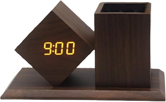 Multifunctional Digital Alarm Clock, Led Time Date Temperature Display 4 Level Brightness Adjustment Sound Activated with Pencil Pen Holder Desk Organizers