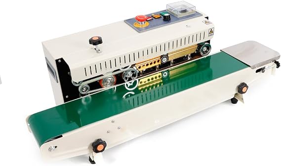 FR-770 Automatic Sealing Machine Continuous Band Sealer 500W Speed 0-18 m/min Auto Impulse Sealer Constant Heat Plastic Bag Machine for Packaging and Sealing 0-300℃ Adjustable Temperature