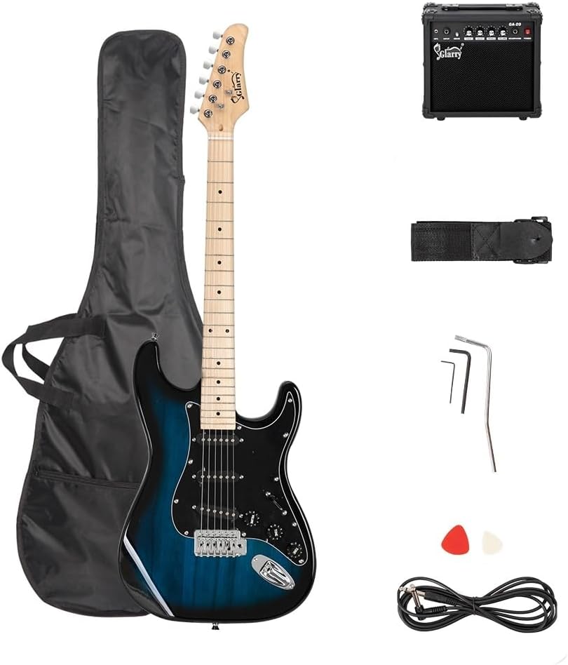 Bonnlo Full Size Electric Guitar Kit for Music Lover Beginner with 20W Guitar Amplifier, Guitar Bag, Cable, Strap, Pick, Tremolo Bar, Tool Blue