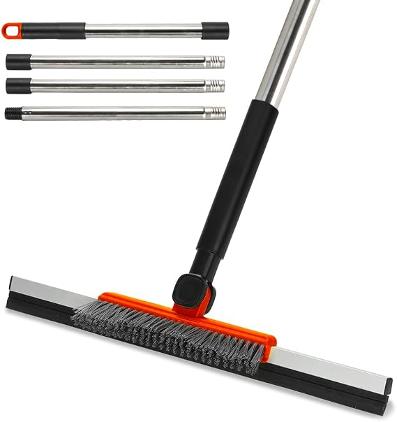 Gloffer 2-in-1 Floor Squeegee Scrubber with 54" Adjustable Handle - Stiff Bristle Brush & Rubber Squeegee for Bathroom, Kitchen, Garage Floor Cleaning(Red)