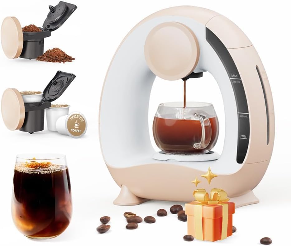 Single Serve Coffee Maker For KCup&Ground Coffee, MINI Q Americano 2 in 1 Mini One Cup CoffeeTea Maker With Coffee FilterKCUP-Adapter, 240 ML Brew Sizes, Champagne Color
