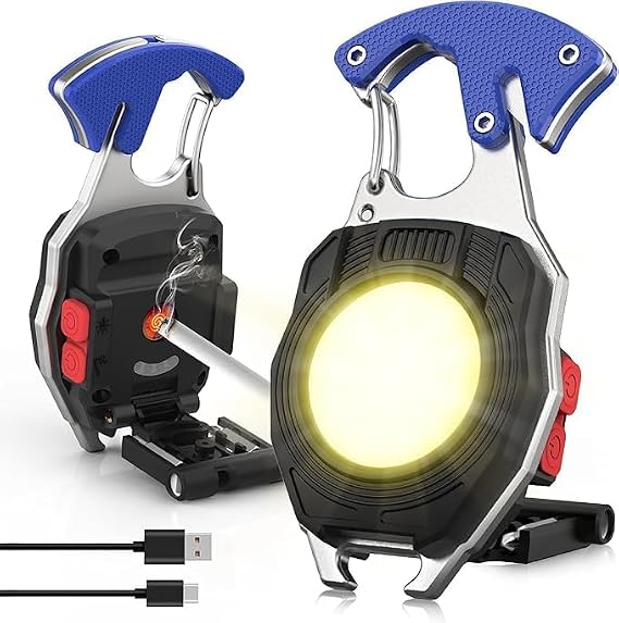 Mayaglory Çok Fonksiyonlu Şarjlı Mini COB LED Anahtarlık El Feneri - Entegre Elektronik Çakmak, Şişe Açacağı, Tornavida, Kemer Kesici, Düdük ve Mıknatıslı Acil Durum Ekipmanı, Type-C Şarj Edilebilir [Enerji Sınıfı A++]
