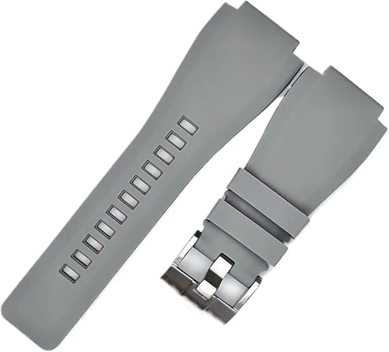 INEOUT Soft Rubber Watch Strap Compatible With Bell &Ross BR-01 BR-03 Series Black Convex Mouth 24x35mm Pin Buckle Watch Band Replacement Wristband (Color : Grey, Size : 24X35MM_SILVER BUCKLE)