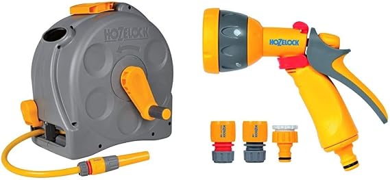 Hozelock Compact 2in1 Reel with 25m Hose & Multi Spray Watering Gun Starter Set