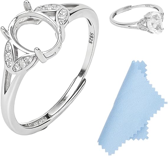 1pc 925 Sterling Silver Adjustable Rings Base 4 Claw Ring Blank Rings Oval Gem Holder Finger Ring Bezel Gemstone Prong for Jewelry Making Kit Women DIY Crafts