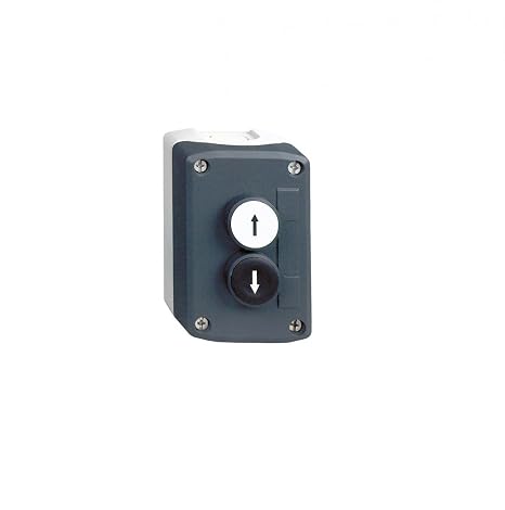 Schneider Electric Control station, plastic, dark grey lid, 2 flush push buttons Ø22, marked UP ARROW DOWN ARROW, 2 NO