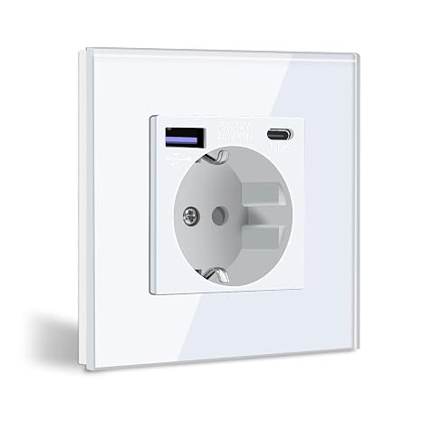 BSEED Wall Plug with USB C 20W, Schuko White Plug with Fast Charger USB Type C, 1 Gang Power Outlet with 2 x USB Chargers and Typ C, Suitable Integrated Plug