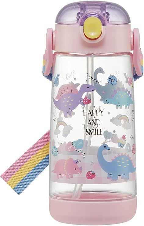 Skater PDSH5-A Children's Water Bottle with Straw, 16.2 fl oz 480 ml, One Touch, Silicone, Happy & Smile, Rainbow, Girls
