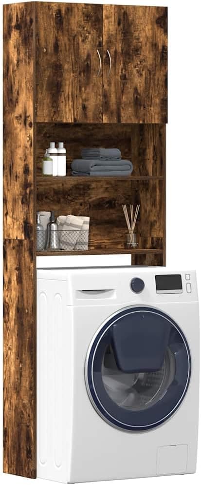 Washing Machine Cabinet Smoked Oak Engineered Wood Washing Machine Cabinet Washing Machine Cabinet for Washing Machine and Tumble Dryer, Storage Unit Above Toilet Shelf for Bathroom