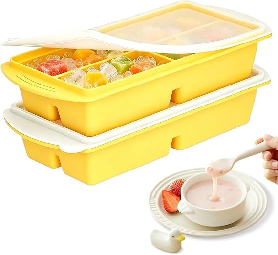 2 Pack Souper Cubes Silicone Freezer Tray, 1000ML Soup Freezer Containers with Lid, 4-Compartment Silicone Freezer Moulds, Makes 8 Perfect 1 Cup portions Cubes, for Meal Prep, Soup (Type1-Yellow)